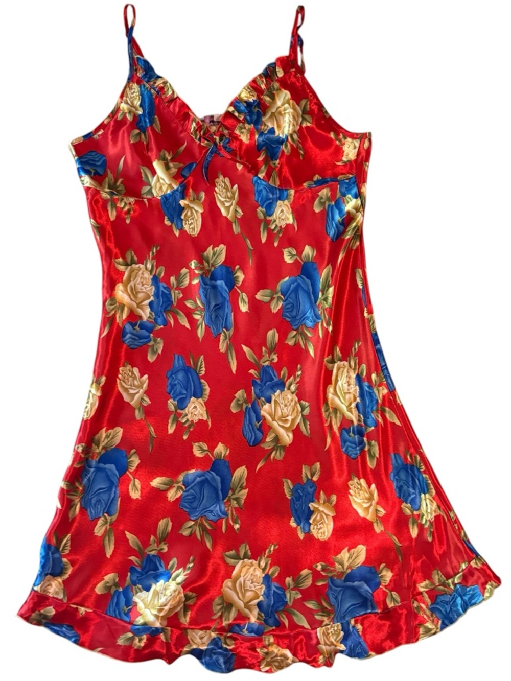 Red Floral Satin Slip Dress with Blue & Cream Roses